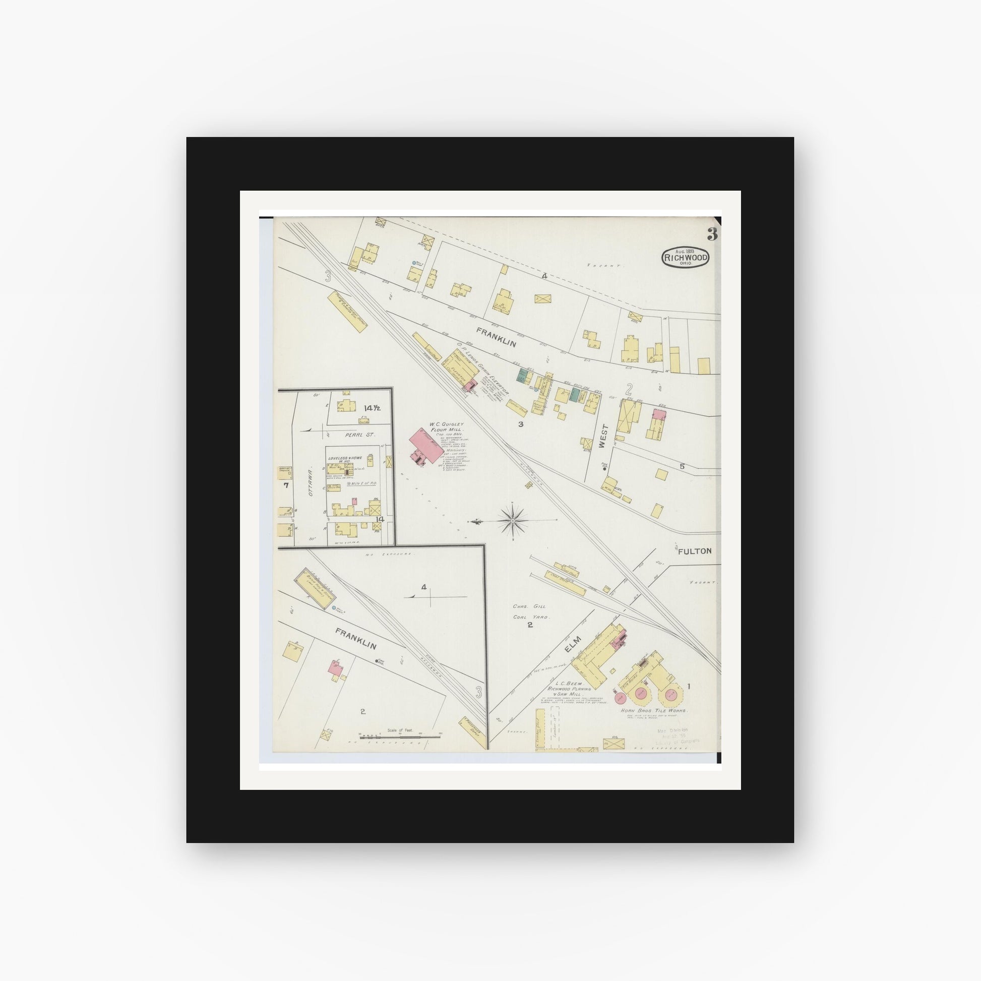 Old map wall art mockup — black gallery frame with white mat — Sanborn Fire Insurance Map from Richwood, Union County, Ohio (1893), Sheet #0003