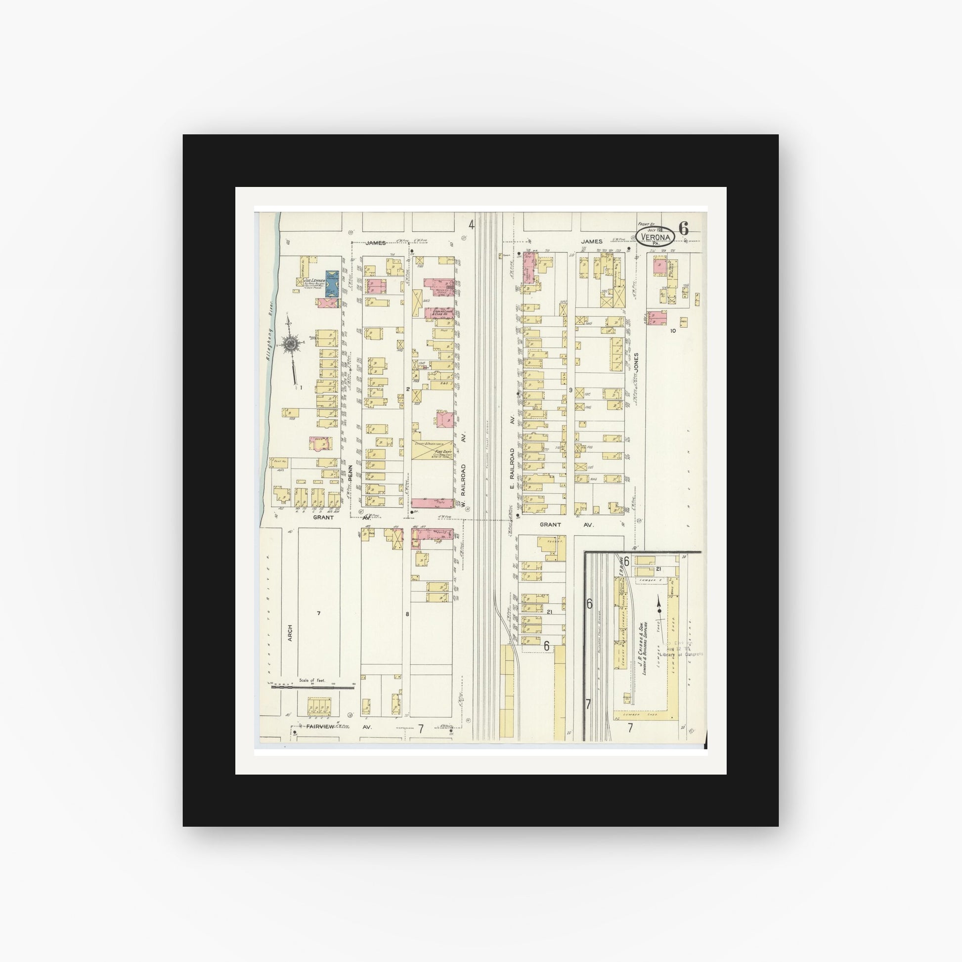 Old map wall art mockup — black gallery frame with white mat — Sanborn Fire Insurance Map from Verona, Allegheny County, Pennsylvania (1911), Sheet #0006