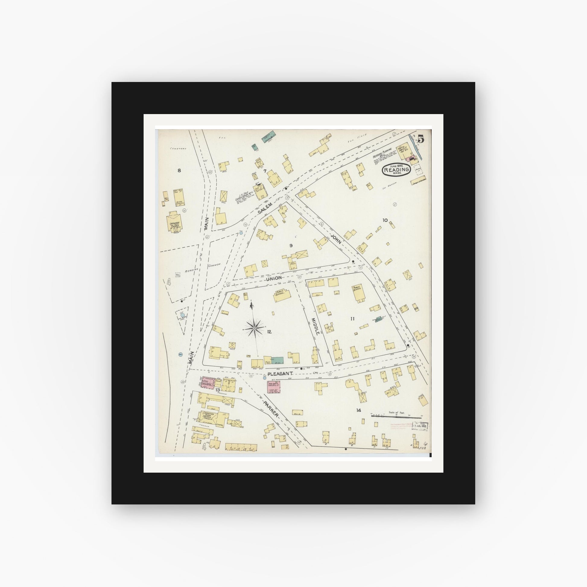 Old map wall art mockup — black gallery frame with white mat — Sanborn Fire Insurance Map from Reading, Middlesex County, Massachusetts (1892), Sheet #0005