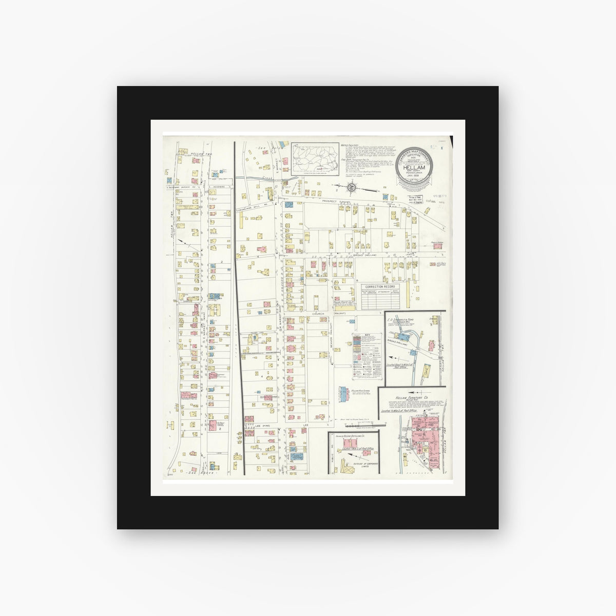 Old map wall art mockup — black gallery frame with white mat — Sanborn Fire Insurance Map from Hellam, York County, Pennsylvania (1939), Sheet #0001