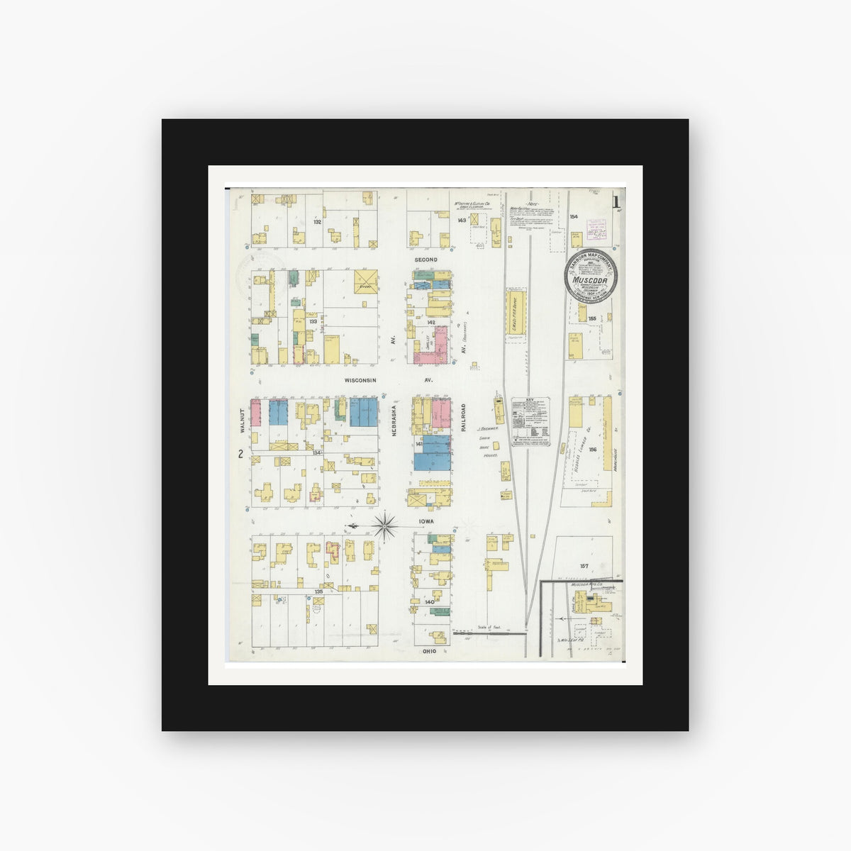 Old map wall art mockup — black gallery frame with white mat — Sanborn Fire Insurance Map from Muscoda, Grant County, Wisconsin (1904) - Complete Map Set