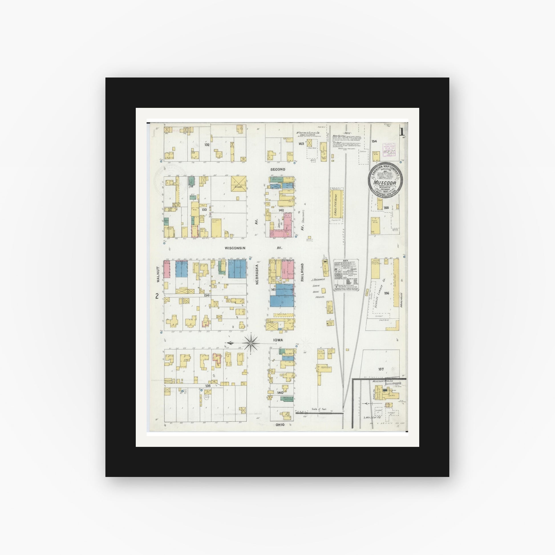 Old map wall art mockup — black gallery frame with white mat — Sanborn Fire Insurance Map from Muscoda, Grant County, Wisconsin (1904) - Complete Map Set