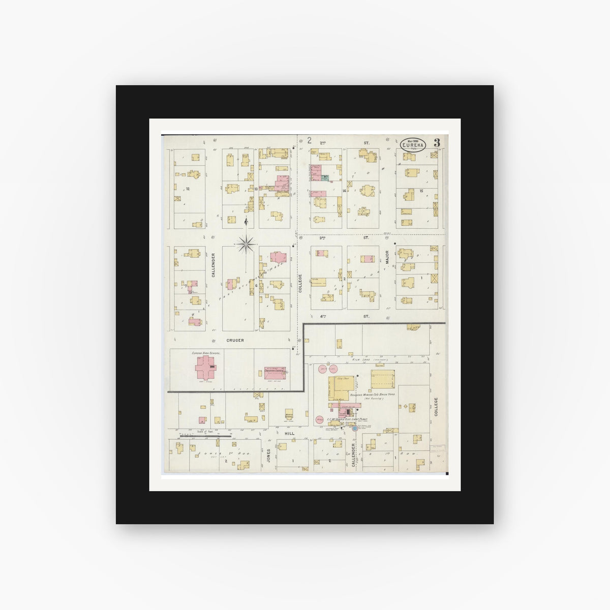 Old map wall art mockup — black gallery frame with white mat — Sanborn Fire Insurance Map from Eureka, Woodford County, Illinois (1898), Sheet #0003