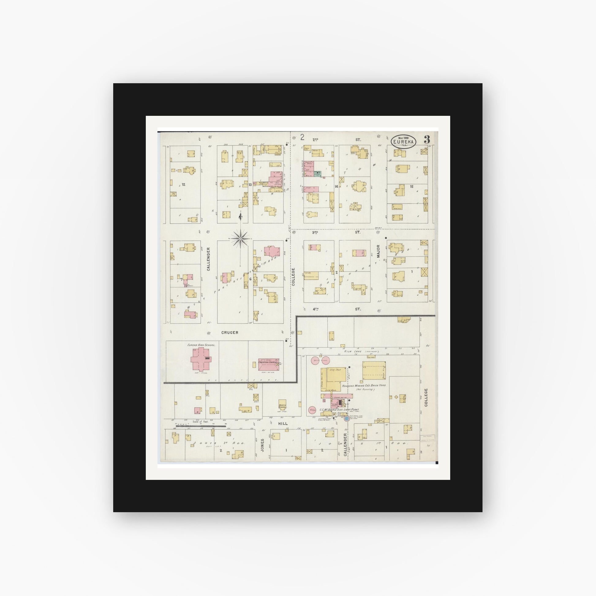 Old map wall art mockup — black gallery frame with white mat — Sanborn Fire Insurance Map from Eureka, Woodford County, Illinois (1898), Sheet #0003