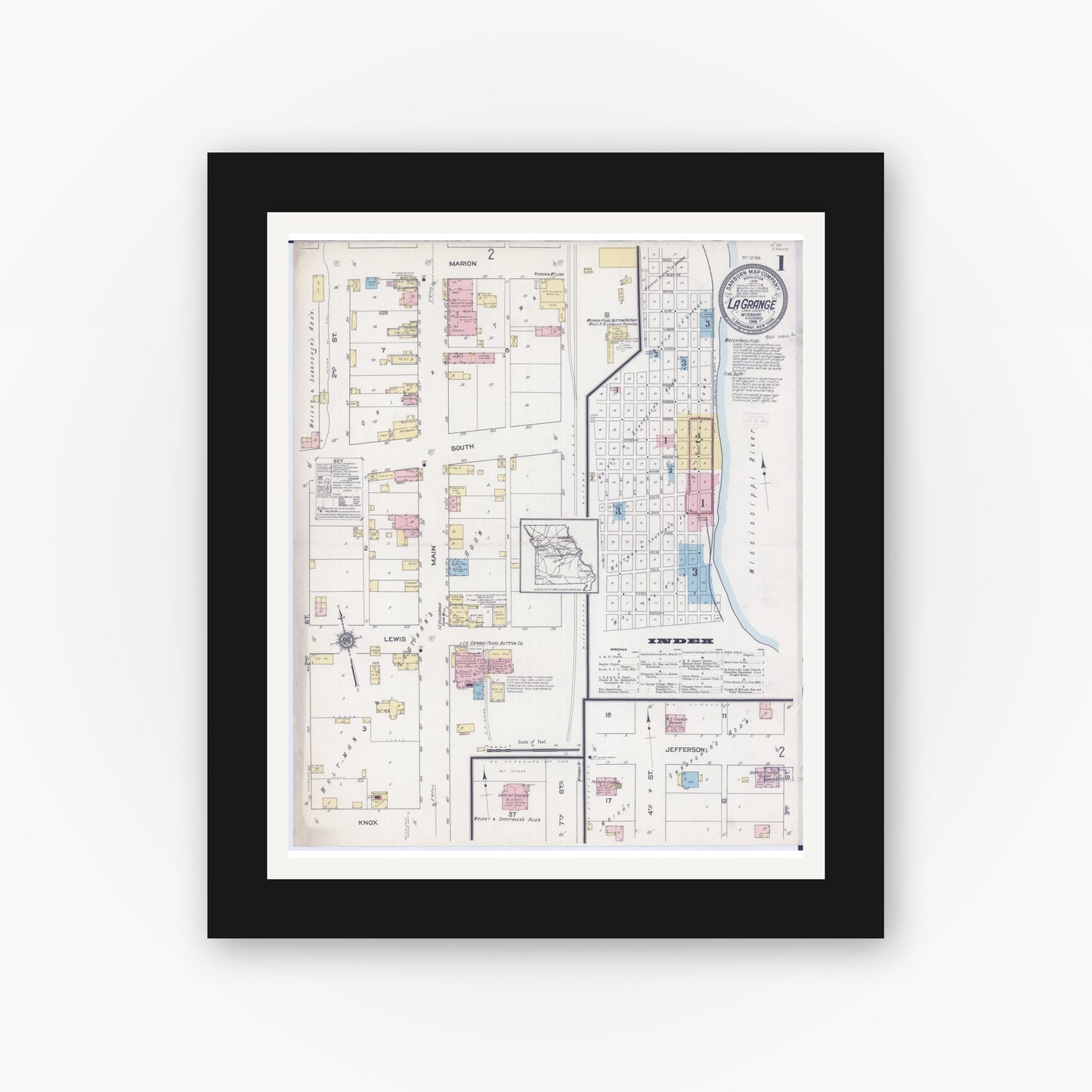 Old map wall art mockup — black gallery frame with white mat — Sanborn Fire Insurance Map from La Grange, Lewis County, Missouri (1914) - Complete Map Set