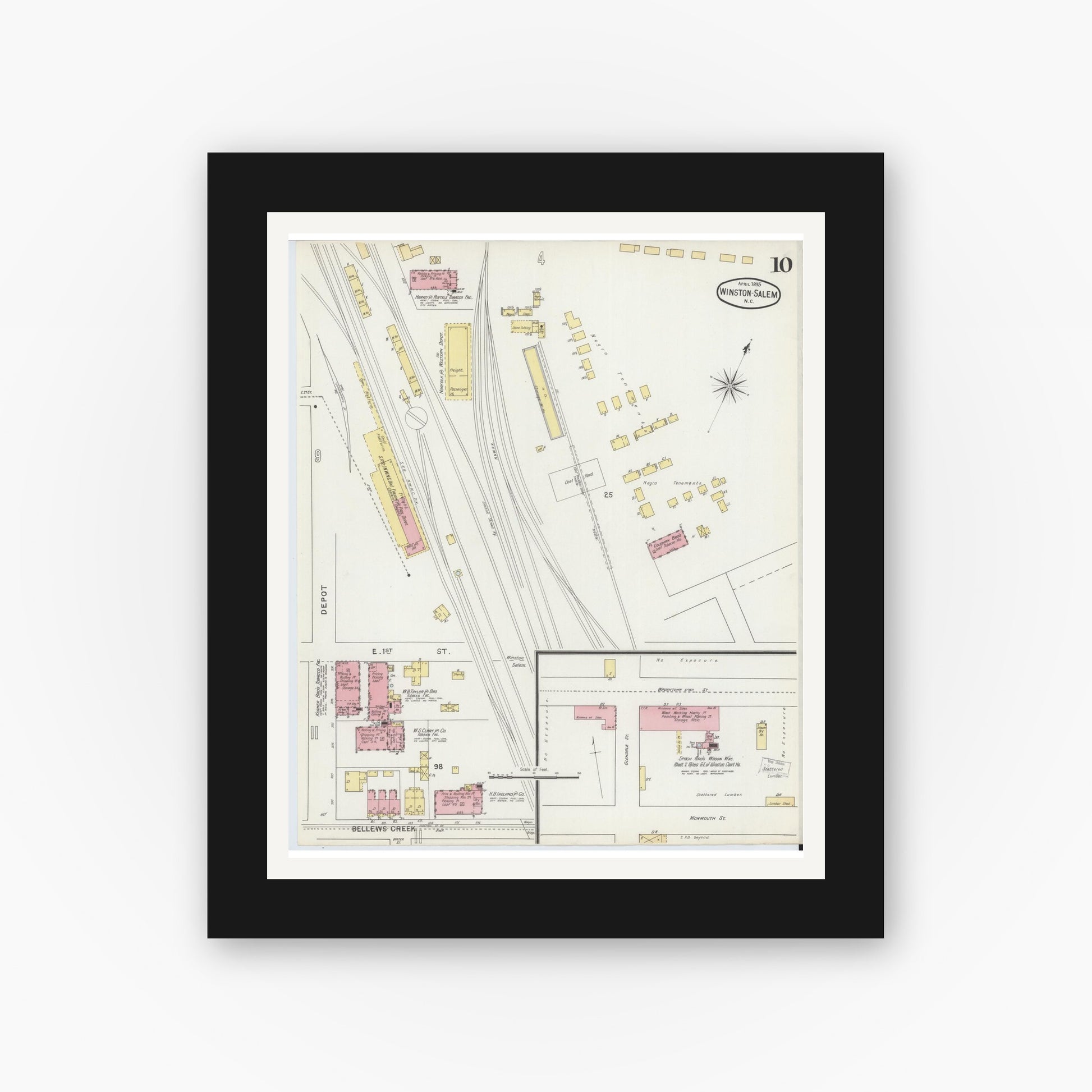 Old map wall art mockup — black gallery frame with white mat — Sanborn Fire Insurance Map from Winston-Salem, Forsyth County, North Carolina (1895), Sheet #0010