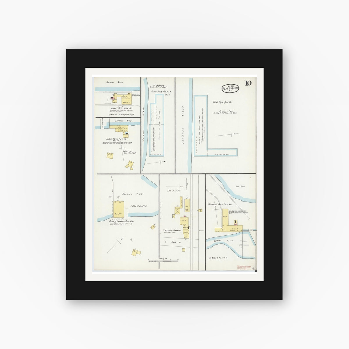 Old map wall art mockup — black gallery frame with white mat — Sanborn Fire Insurance Map from Plattsburg, Clinton County, New York (1896), Sheet #0010