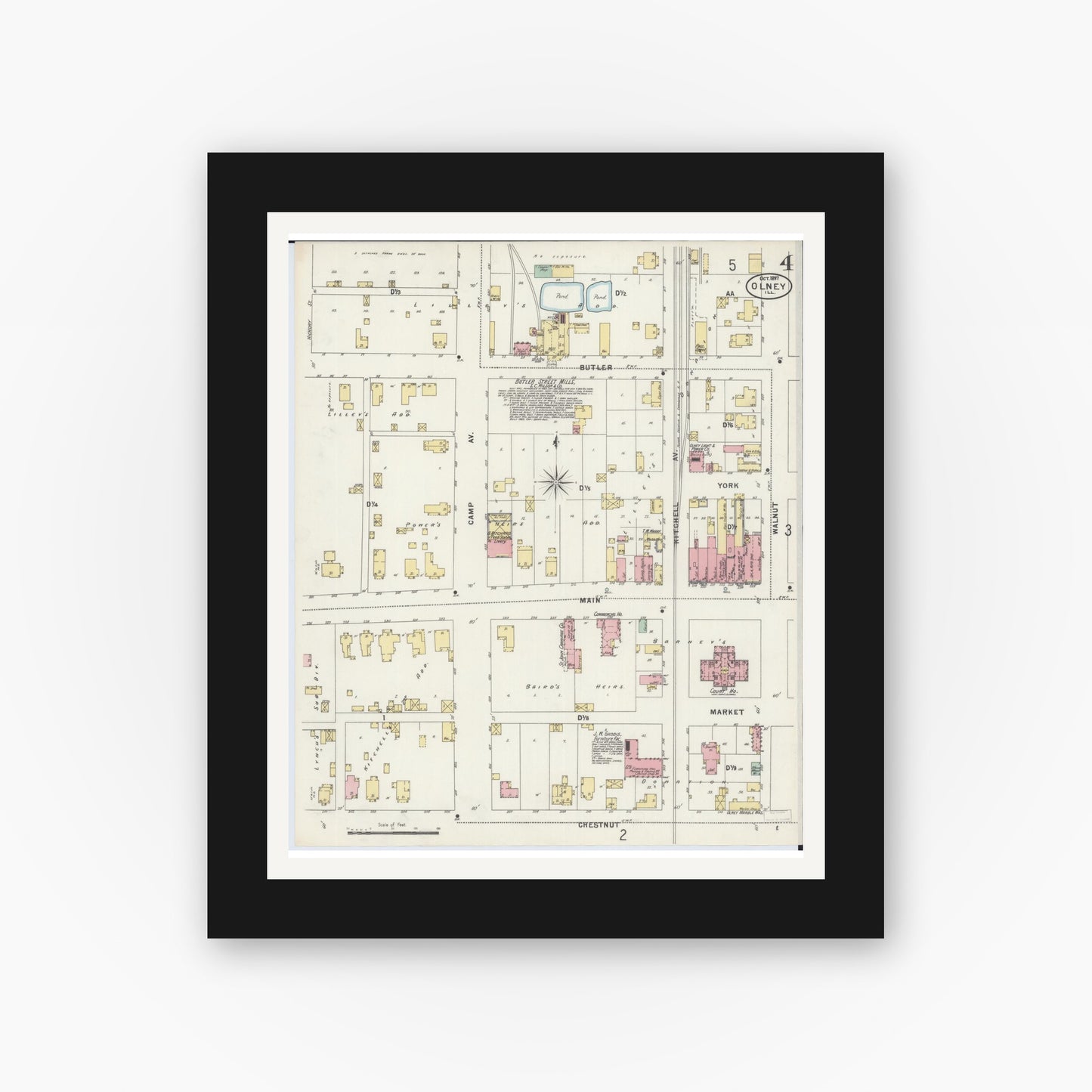 Old map wall art mockup — black gallery frame with white mat — Sanborn Fire Insurance Map from Olney, Richland County, Illinois (1897), Sheet #0004