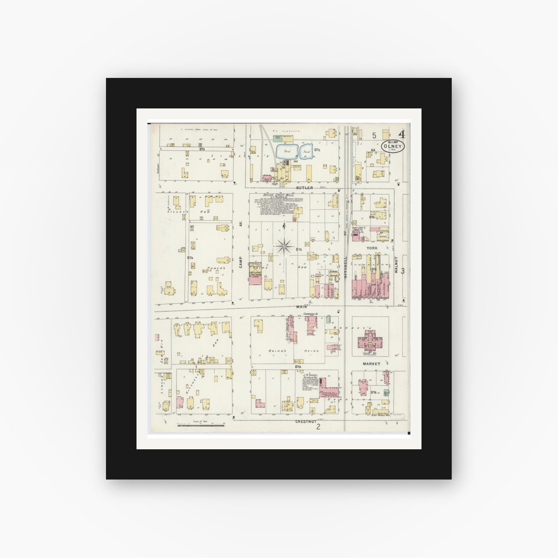 Old map wall art mockup — black gallery frame with white mat — Sanborn Fire Insurance Map from Olney, Richland County, Illinois (1897), Sheet #0004