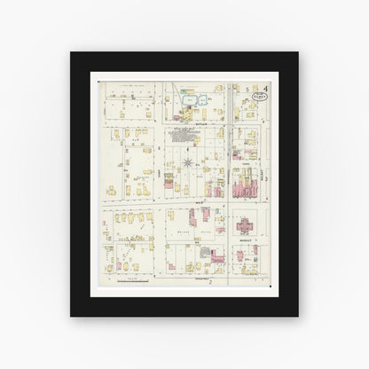 Old map wall art mockup — black gallery frame with white mat — Sanborn Fire Insurance Map from Olney, Richland County, Illinois (1897), Sheet #0004