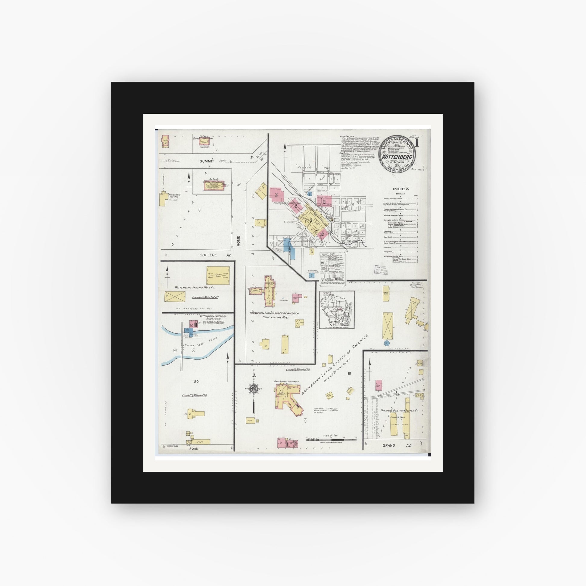 Old map wall art mockup — black gallery frame with white mat — Sanborn Fire Insurance Map from Wittenberg, Shawano County, Wisconsin (1919), Sheet #0001