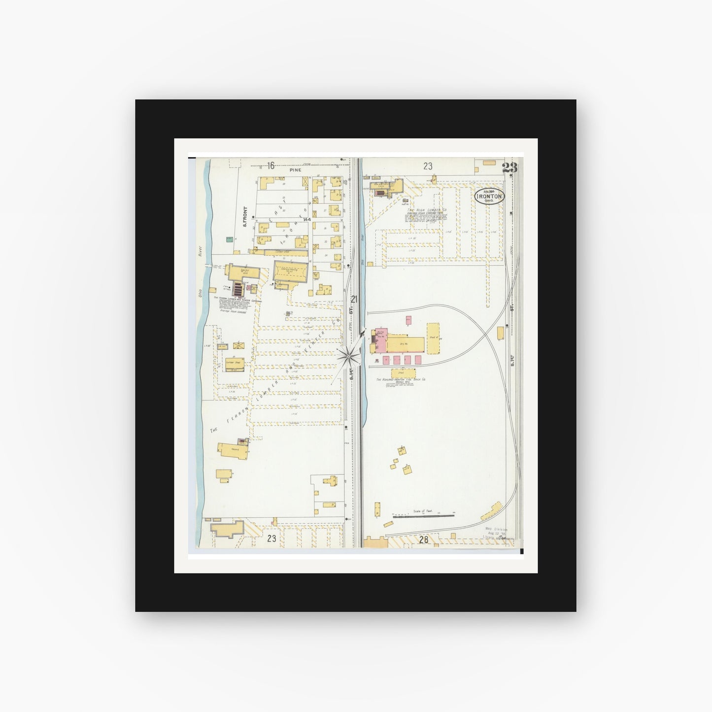 Old map wall art mockup — black gallery frame with white mat — Sanborn Fire Insurance Map from Ironton, Lawrence County, Ohio (1904), Sheet #0023