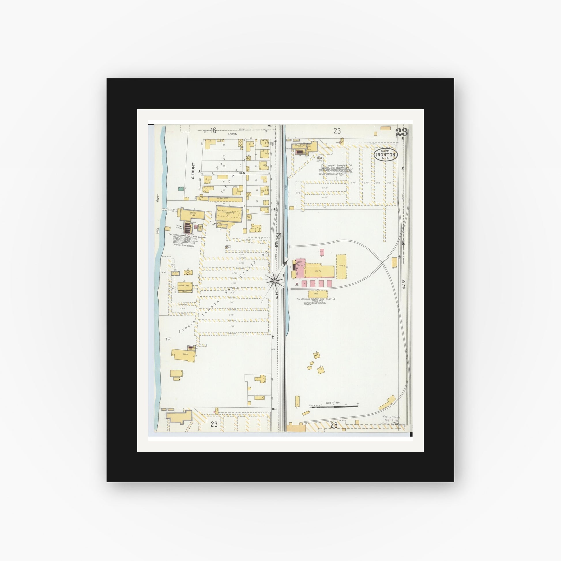 Old map wall art mockup — black gallery frame with white mat — Sanborn Fire Insurance Map from Ironton, Lawrence County, Ohio (1904), Sheet #0023