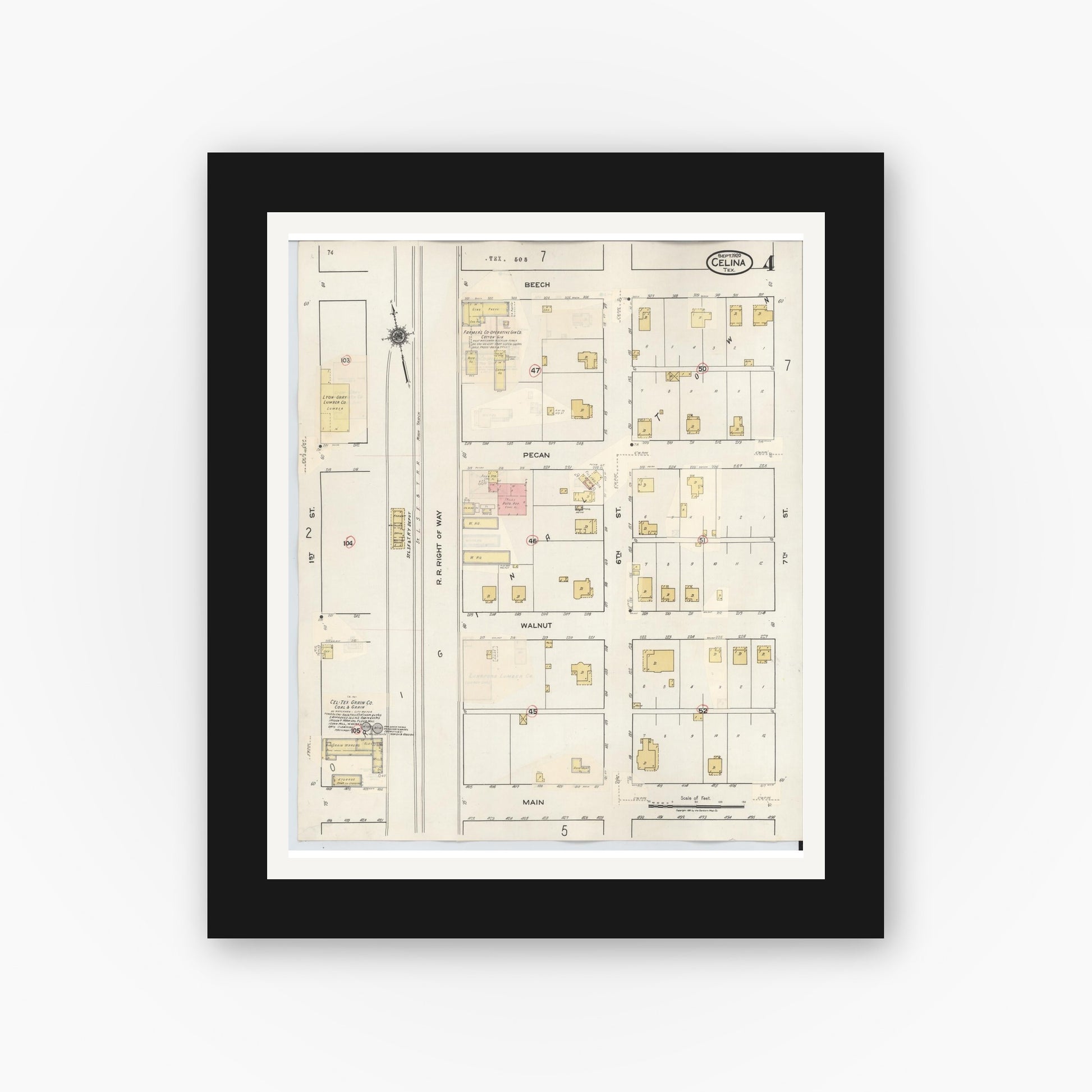 Old map wall art mockup — black gallery frame with white mat — Sanborn Fire Insurance Map from Celina, Collin County, Texas (1944), Sheet #0004