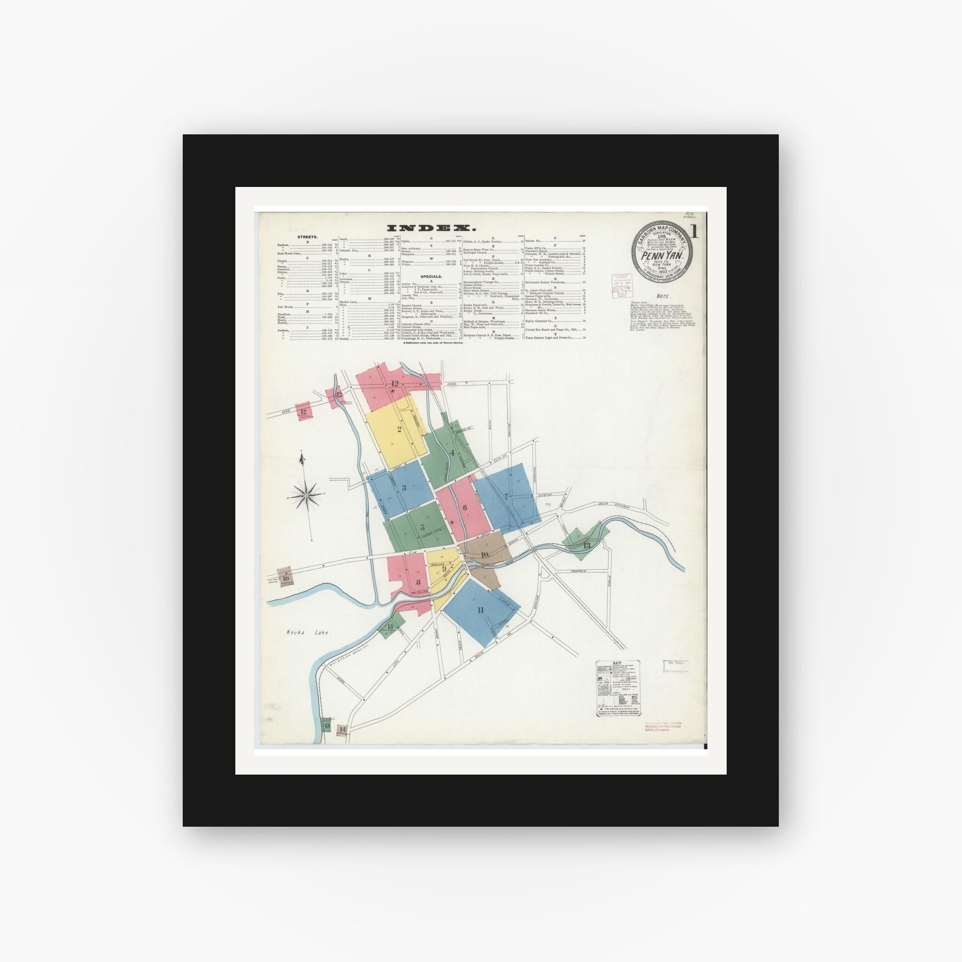 Old map wall art mockup — black gallery frame with white mat — Sanborn Fire Insurance Map from Penn Yan, Yates County, New York (1903) - Complete Map Set