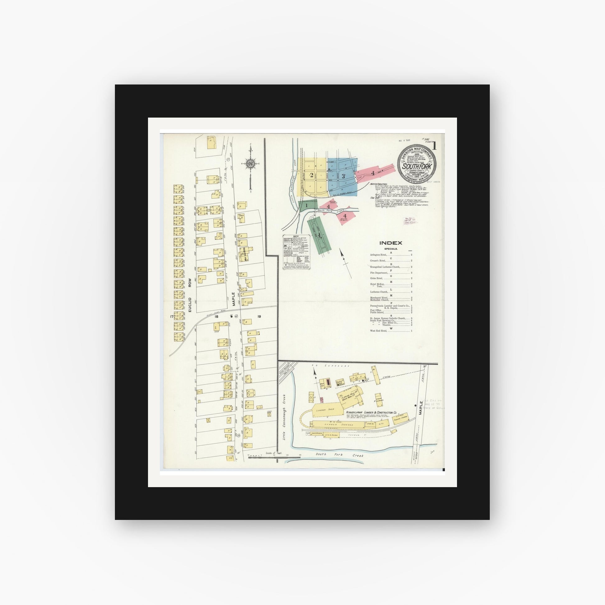 Old map wall art mockup — black gallery frame with white mat — Sanborn Fire Insurance Map from South Fork, Cambria County, Pennsylvania (1910) - Complete Map Set