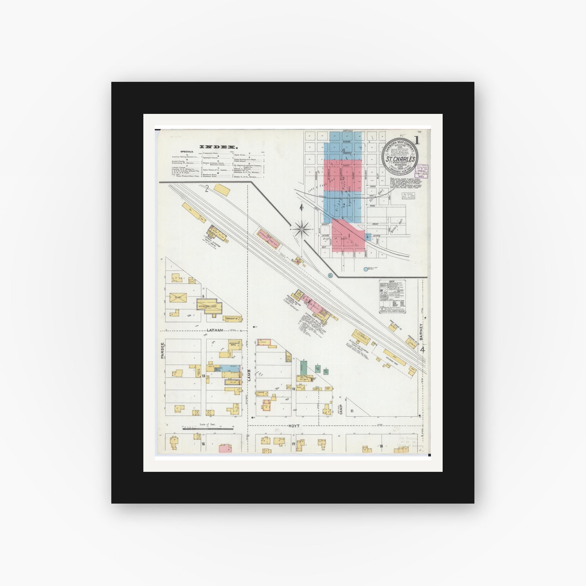 Old map wall art mockup — black gallery frame with white mat — Sanborn Fire Insurance Map from Saint Charles, Winona County, Minnesota (1904) - Complete Map Set