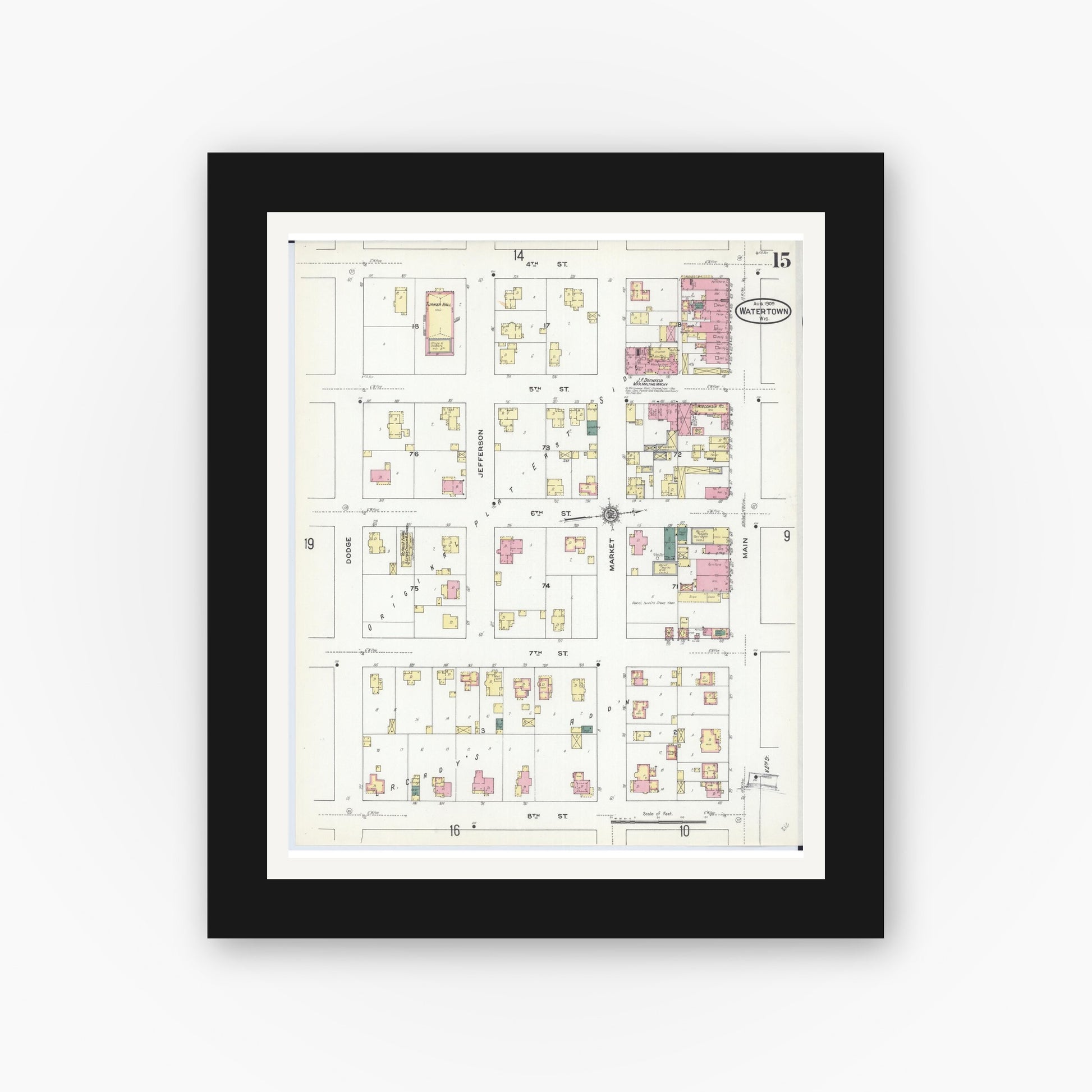 Old map wall art mockup — black gallery frame with white mat — Sanborn Fire Insurance Map from Watertown, Jefferson County, Wisconsin (1909), Sheet #0015