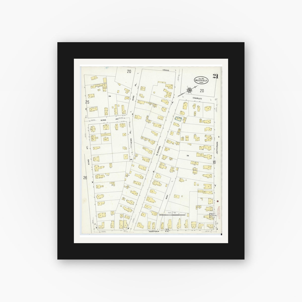 Old map wall art mockup — black gallery frame with white mat — Sanborn Fire Insurance Map from Westfield, Hampden County, Massachusetts (1910), Sheet #0021