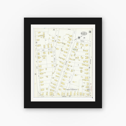 Old map wall art mockup — black gallery frame with white mat — Sanborn Fire Insurance Map from Westfield, Hampden County, Massachusetts (1910), Sheet #0021