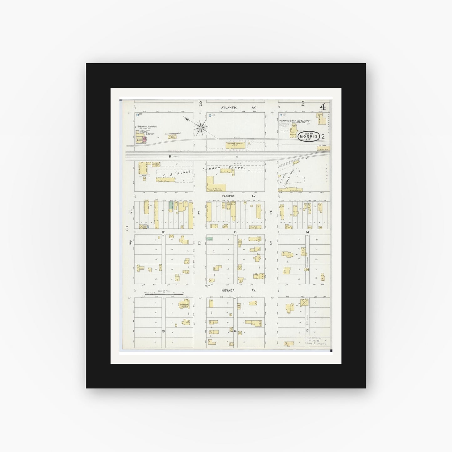 Old map wall art mockup — black gallery frame with white mat — Sanborn Fire Insurance Map from Morris, Stevens County, Minnesota (1896), Sheet #0004