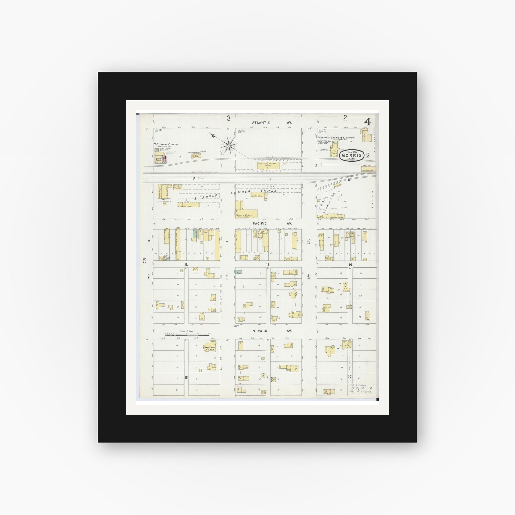 Old map wall art mockup — black gallery frame with white mat — Sanborn Fire Insurance Map from Morris, Stevens County, Minnesota (1896), Sheet #0004