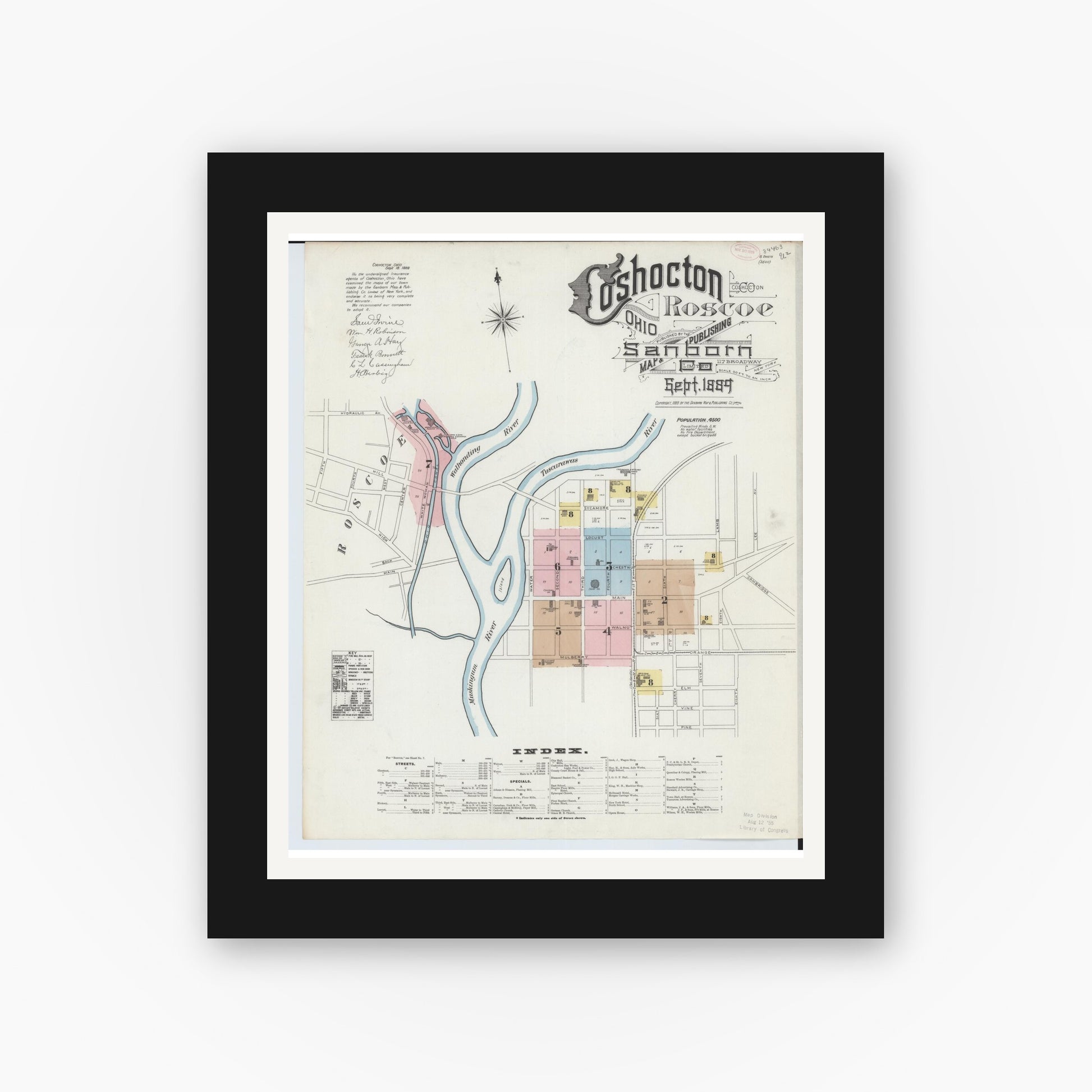 Old map wall art mockup — black gallery frame with white mat — Sanborn Fire Insurance Map from Coshocton, Coshocton County, Ohio (1889) - Complete Map Set