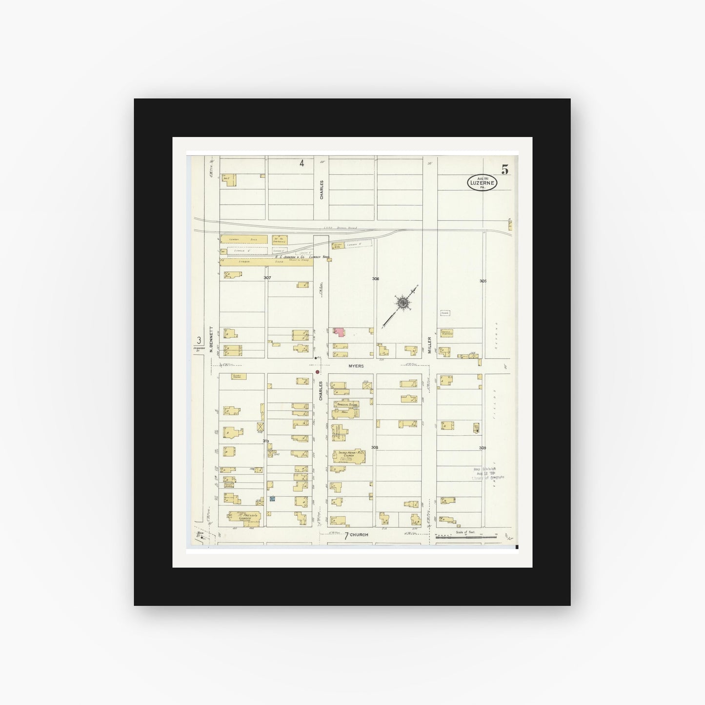 Old map wall art mockup — black gallery frame with white mat — Sanborn Fire Insurance Map from Luzerne, Luzerne County, Pennsylvania (1911), Sheet #0005