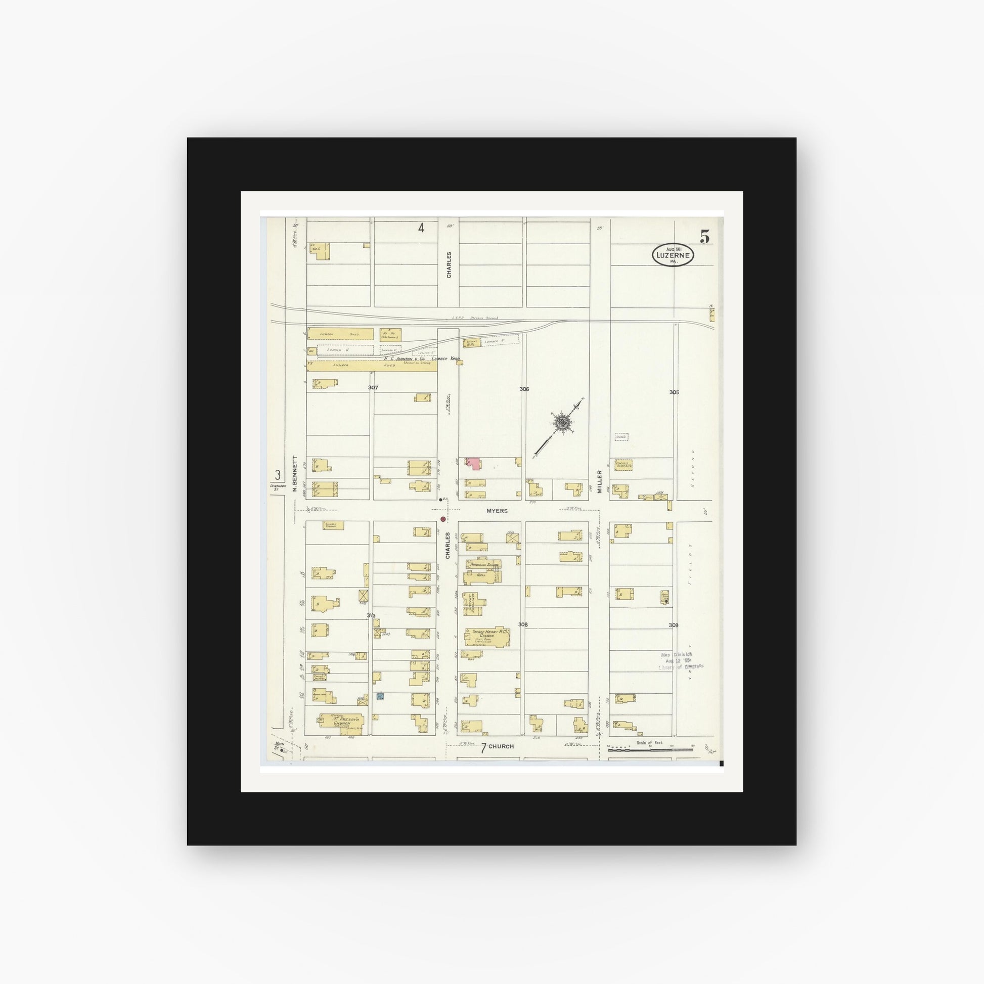 Old map wall art mockup — black gallery frame with white mat — Sanborn Fire Insurance Map from Luzerne, Luzerne County, Pennsylvania (1911), Sheet #0005