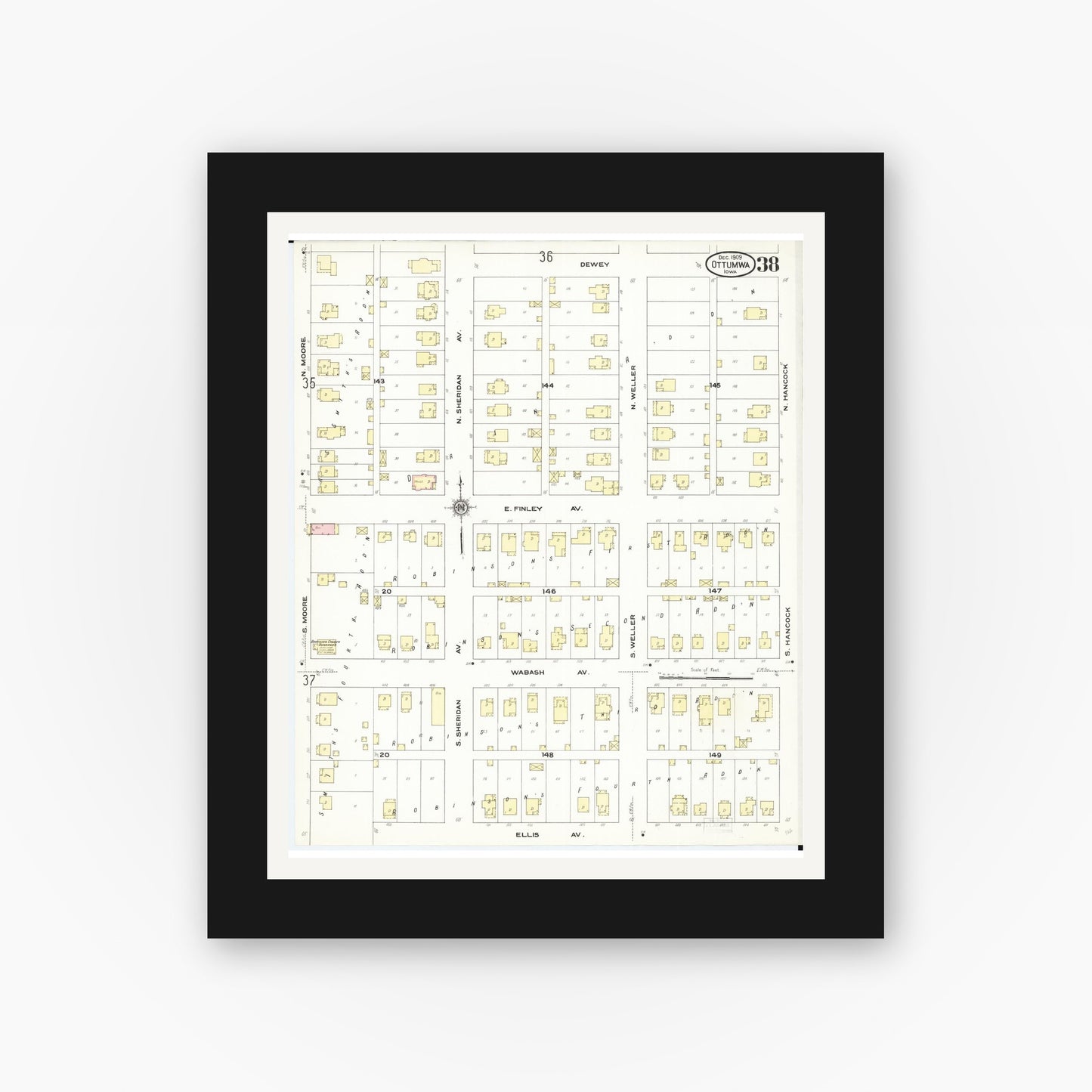 Old map wall art mockup — black gallery frame with white mat — Sanborn Fire Insurance Map from Ottumwa, Wapello County, Iowa (1909), Sheet #0038