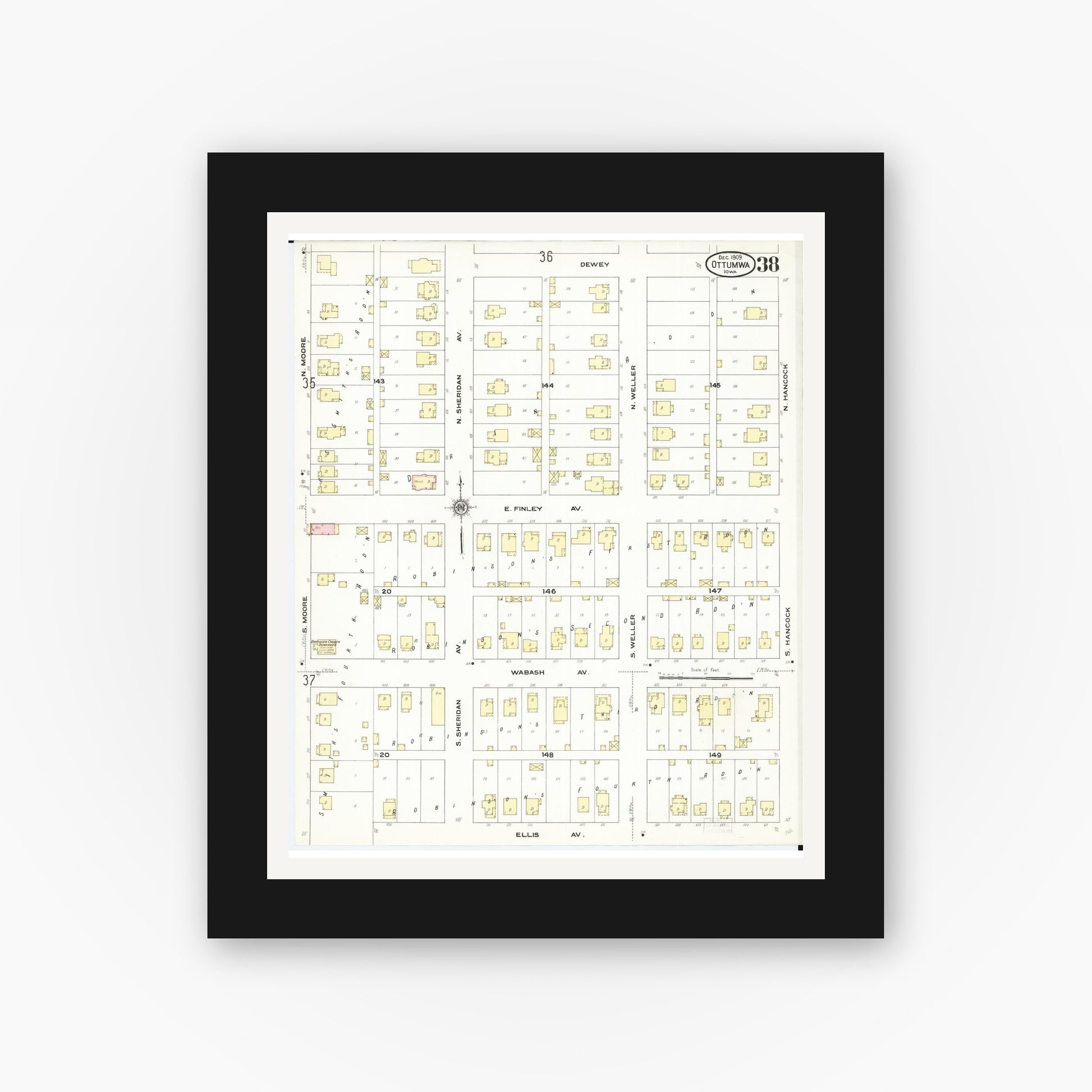 Old map wall art mockup — black gallery frame with white mat — Sanborn Fire Insurance Map from Ottumwa, Wapello County, Iowa (1909), Sheet #0038