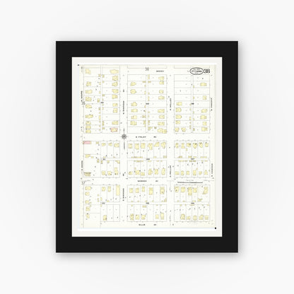 Old map wall art mockup — black gallery frame with white mat — Sanborn Fire Insurance Map from Ottumwa, Wapello County, Iowa (1909), Sheet #0038