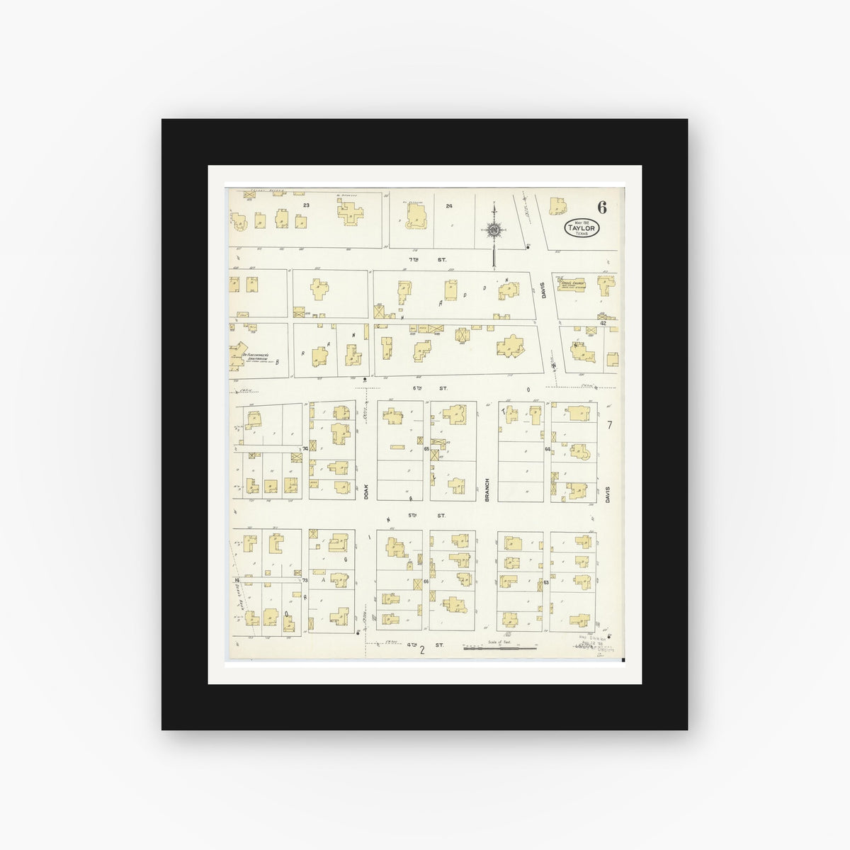 Old map wall art mockup — black gallery frame with white mat — Sanborn Fire Insurance Map from Taylor, Williamson County, Texas (1912), Sheet #0006