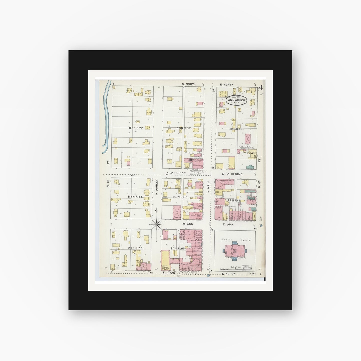 Old map wall art mockup — black gallery frame with white mat — Sanborn Fire Insurance Map from Ann Arbor, Washtenaw County, Michigan (1892), Sheet #0004