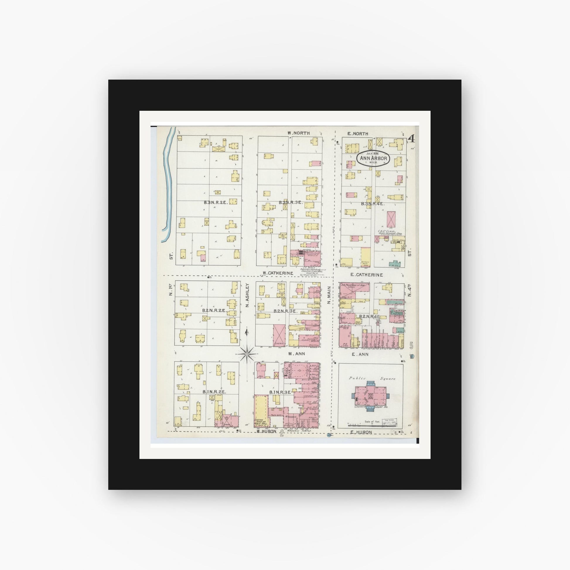 Old map wall art mockup — black gallery frame with white mat — Sanborn Fire Insurance Map from Ann Arbor, Washtenaw County, Michigan (1892), Sheet #0004