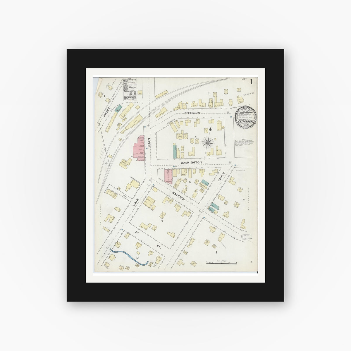 Old map wall art mockup — black gallery frame with white mat — Sanborn Fire Insurance Map from Cattaraugus, Cattaraugus County, New York (1891) - Complete Map Set
