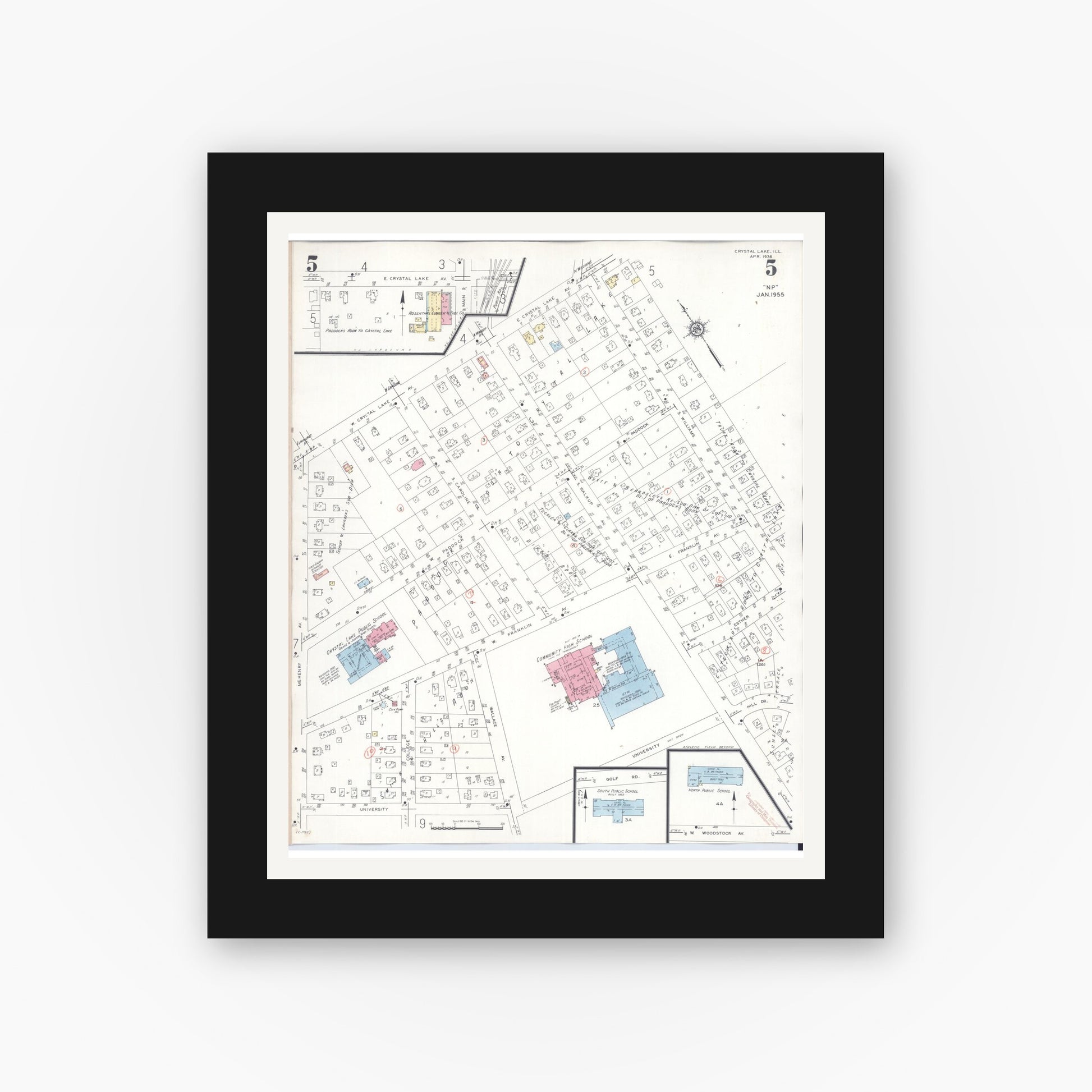 Old map wall art mockup — black gallery frame with white mat — Sanborn Fire Insurance Map from Crystal Lake, McHenry County, Illinois (1955), Sheet #0005