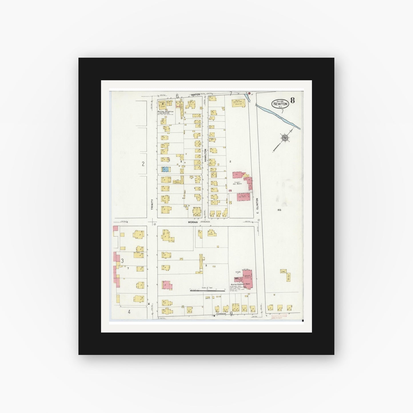 Old map wall art mockup — black gallery frame with white mat — Sanborn Fire Insurance Map from Newton, Sussex County, New Jersey (1916), Sheet #0008