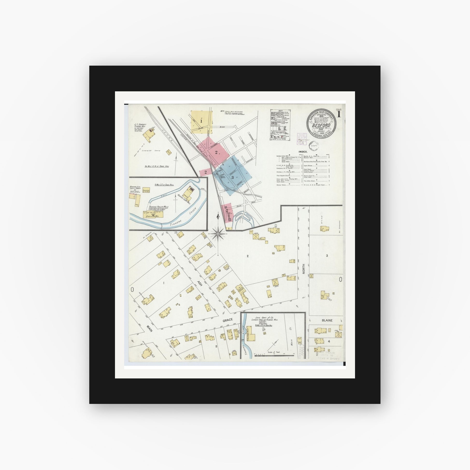 Old map wall art mockup — black gallery frame with white mat — Sanborn Fire Insurance Map from Bedford, Cuyahoga County, Ohio (1902), Sheet #0001