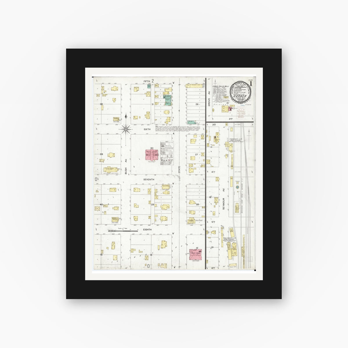 Old map wall art mockup — black gallery frame with white mat — Sanborn Fire Insurance Map from Garner, Hancock County, Iowa (1900) â€” Complete Set