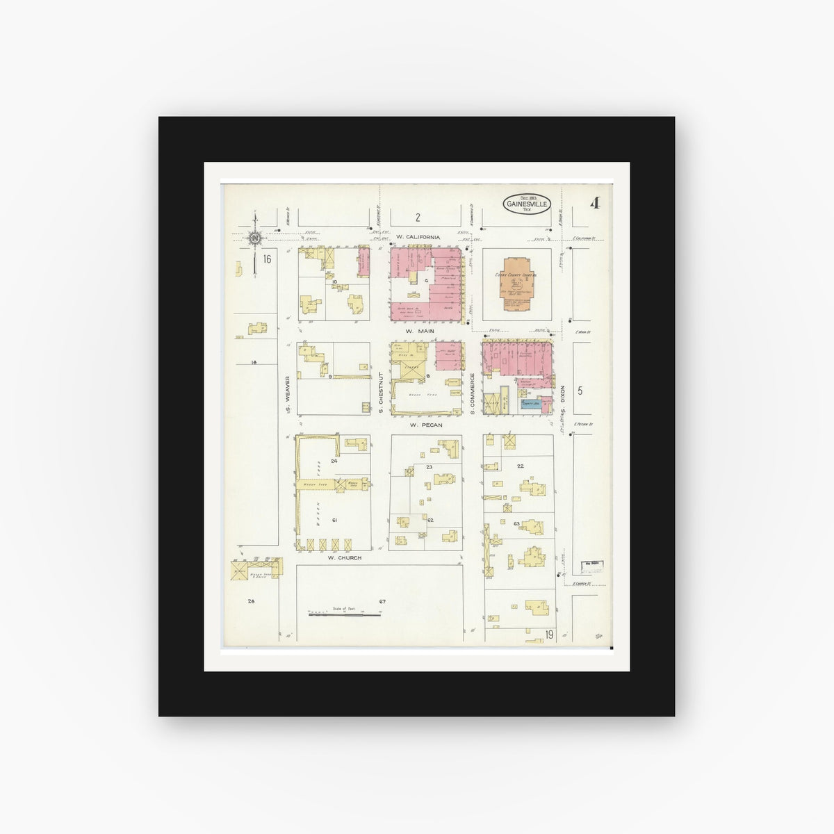 Old map wall art mockup — black gallery frame with white mat — Sanborn Fire Insurance Map from Gainesville, Cooke County, Texas (1913), Sheet #0004