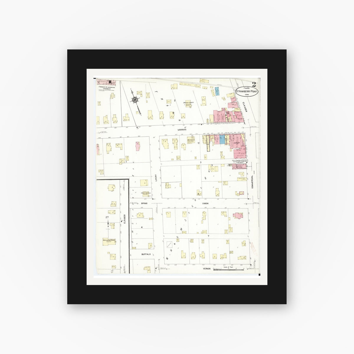 Old map wall art mockup — black gallery frame with white mat — Sanborn Fire Insurance Map from Strawberry Point, Clayton County, Iowa (1913), Sheet #0002