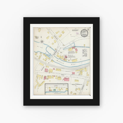 Old map wall art mockup — black gallery frame with white mat — Sanborn Fire Insurance Map from Uxbridge, Worcester County, Massachusetts (1893) - Complete Map Set