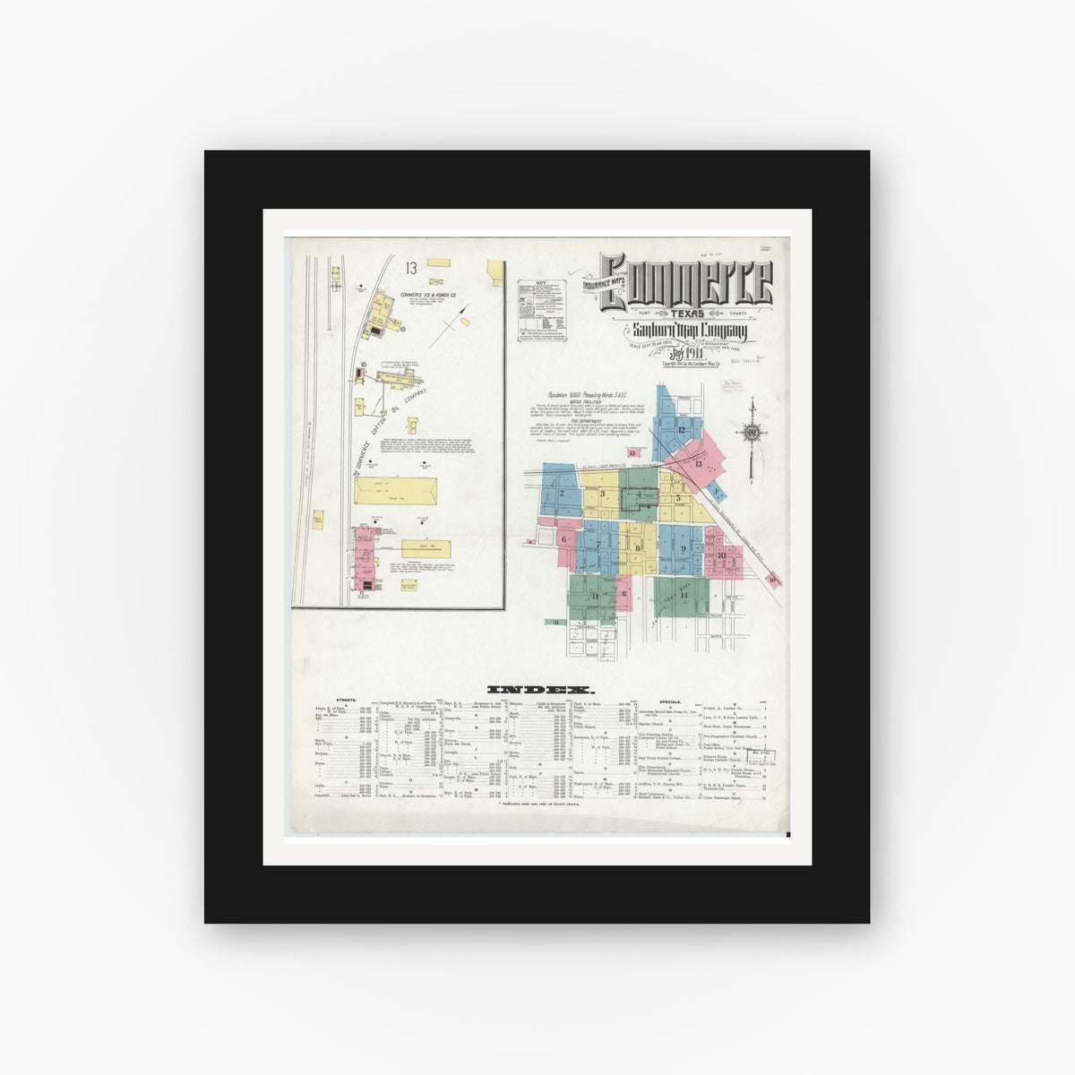 Old map wall art mockup — black gallery frame with white mat — Sanborn Fire Insurance Map from Commerce, Hunt County, Texas (1911), Sheet #0001