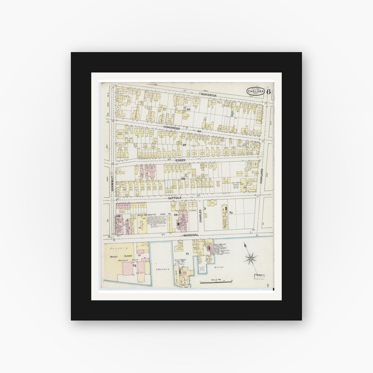 Old map wall art mockup — black gallery frame with white mat — Sanborn Fire Insurance Map from Chelsea, Suffolk County, Massachusetts (1889), Sheet #0006