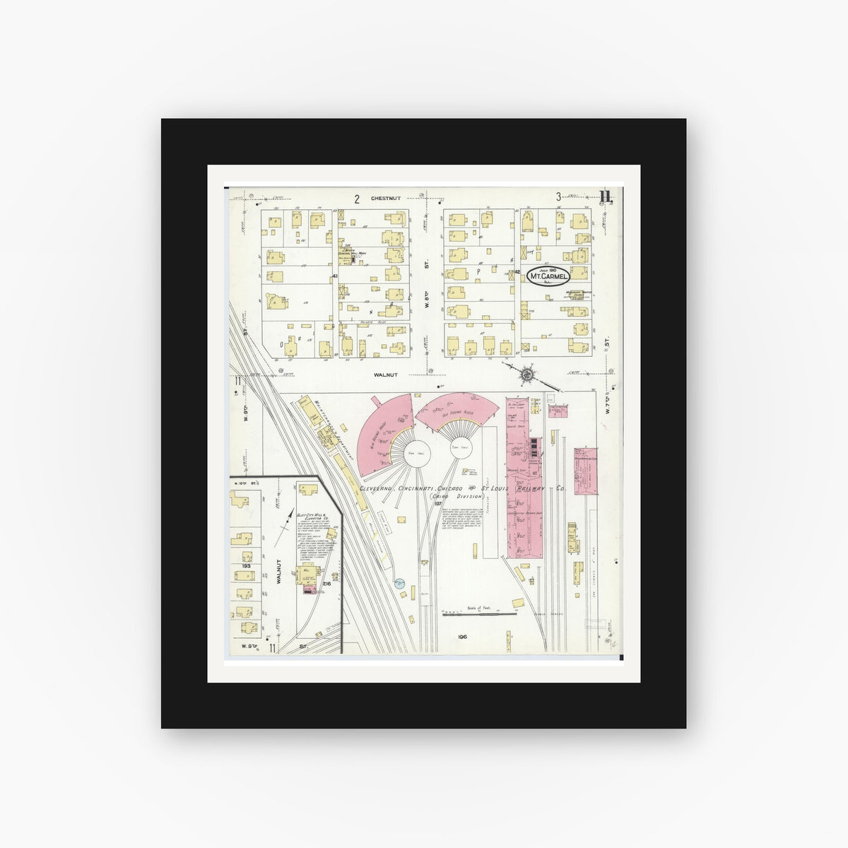 Old map wall art mockup — black gallery frame with white mat — Sanborn Fire Insurance Map from Mount Carmel, Wabash County, Illinois (1910), Sheet #0011
