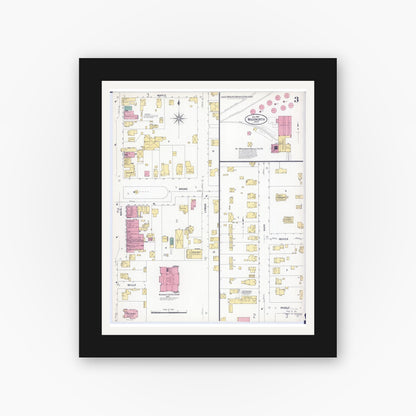 Old map wall art mockup — black gallery frame with white mat — Sanborn Fire Insurance Map from Wadsworth, Medina County, Ohio (1908), Sheet #0003
