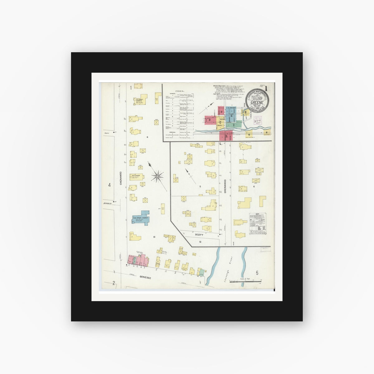 Old map wall art mockup — black gallery frame with white mat — Sanborn Fire Insurance Map from Greene, Chenango County, New York (1908), Sheet #0001