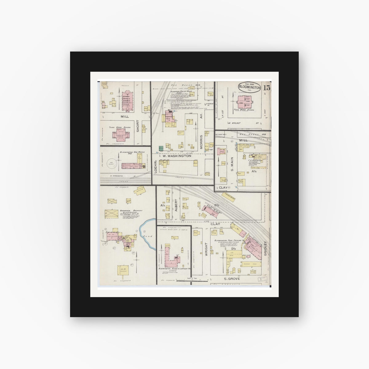 Old map wall art mockup — black gallery frame with white mat — Sanborn Fire Insurance Map from Bloomington, McLean County, Illinois (1886), Sheet #0015
