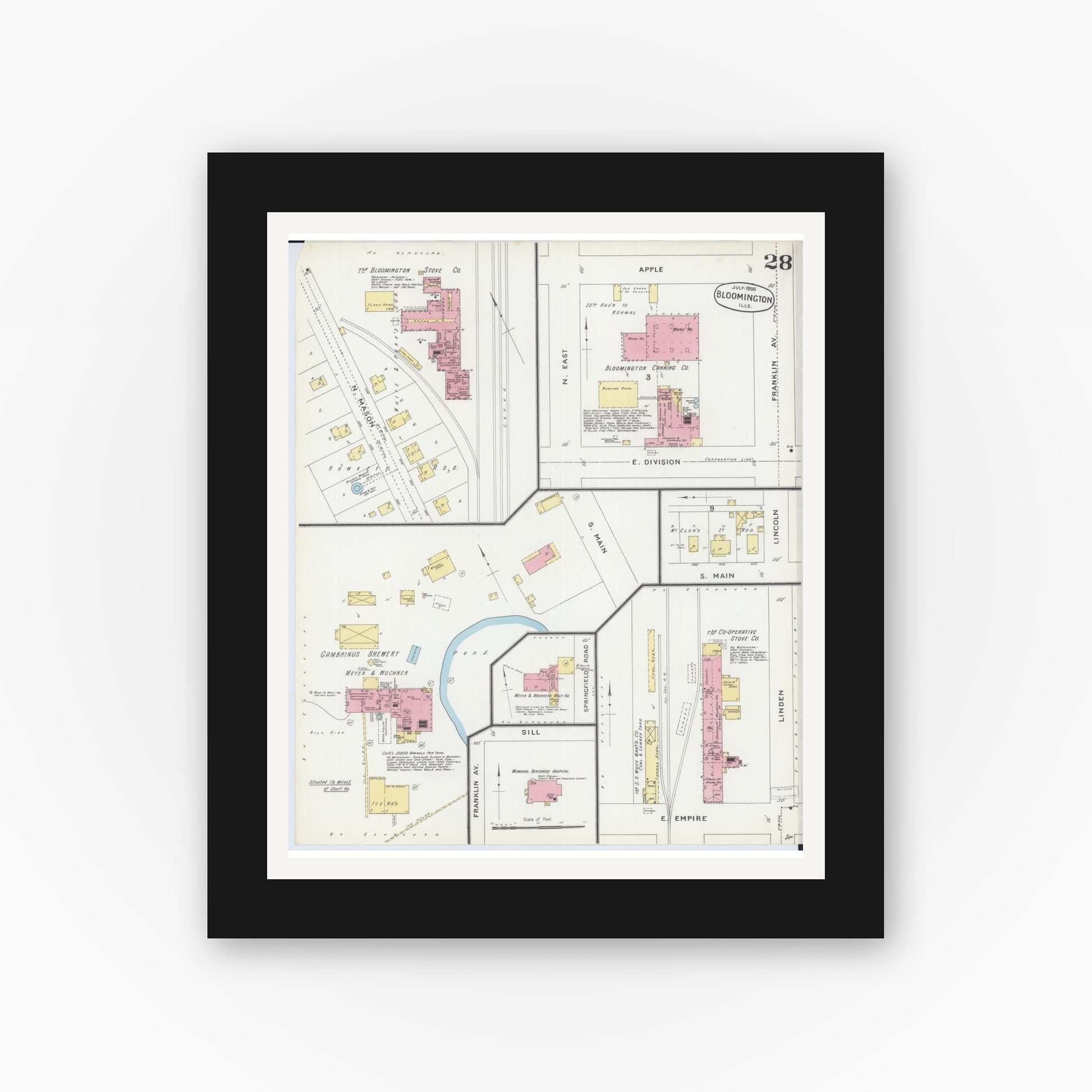 Old map wall art mockup — black gallery frame with white mat — Sanborn Fire Insurance Map from Bloomington, McLean County, Illinois (1896), Sheet #0028